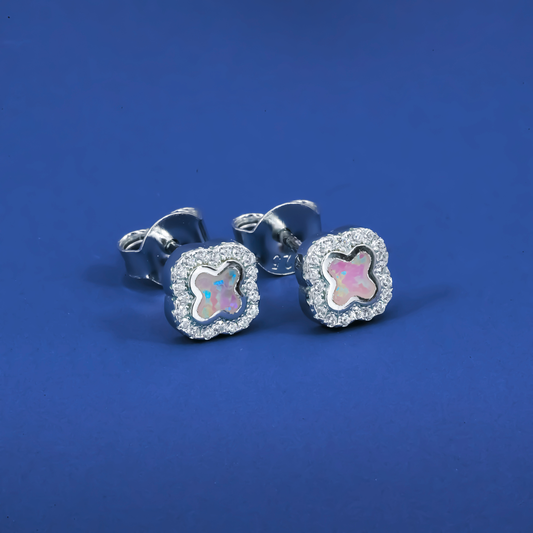 Iridescent Opal Clover Stud Earrings β Sterling Silver CZ Halo Design