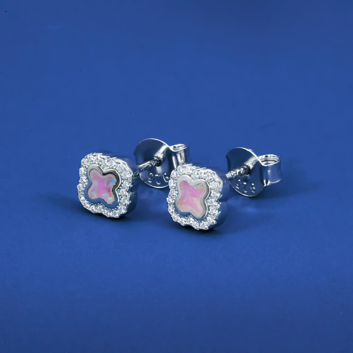 Iridescent Opal Clover Stud Earrings – Sterling Silver CZ Halo Design