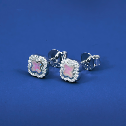 Iridescent Opal Clover Stud Earrings – Sterling Silver CZ Halo Design