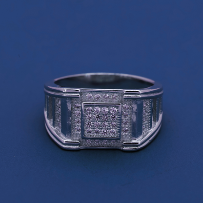 Imperial Grid Ring – Bold Sterling Silver Band with Diamond Matrix