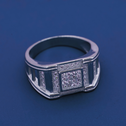 Imperial Grid Ring – Bold Sterling Silver Band with Diamond Matrix