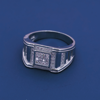 Imperial Grid Ring – Bold Sterling Silver Band with Diamond Matrix