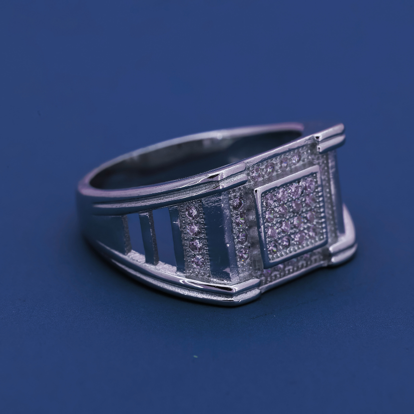 Imperial Grid Ring – Bold Sterling Silver Band with Diamond Matrix