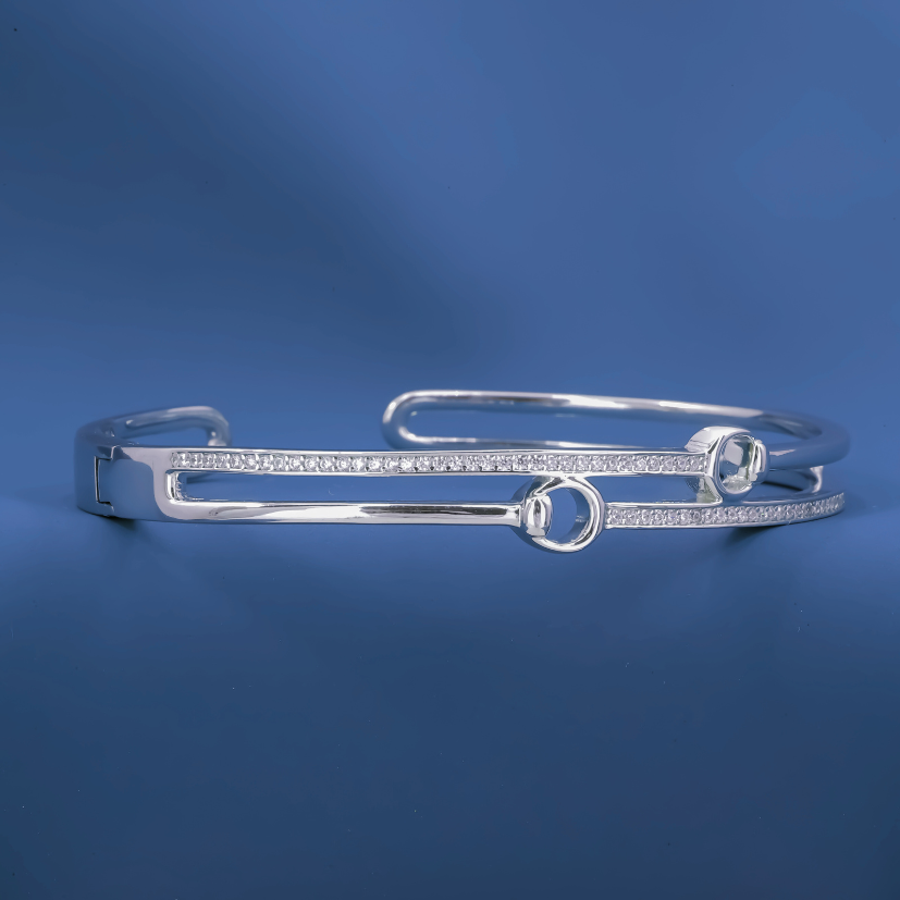 Twin Orbit Bangle – Sterling Silver Cuff Bracelet with Dual Halo Links