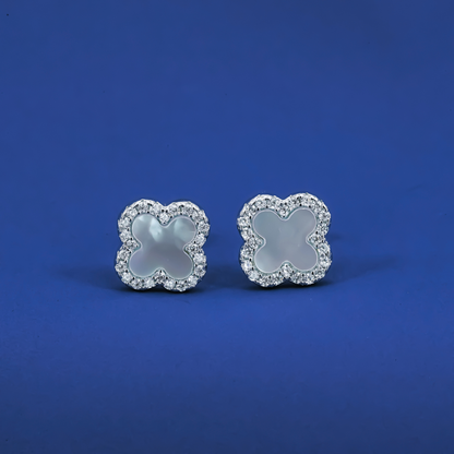 Elegant Mother of Pearl Clover Stud Earrings – Sterling Silver Zircon Halo