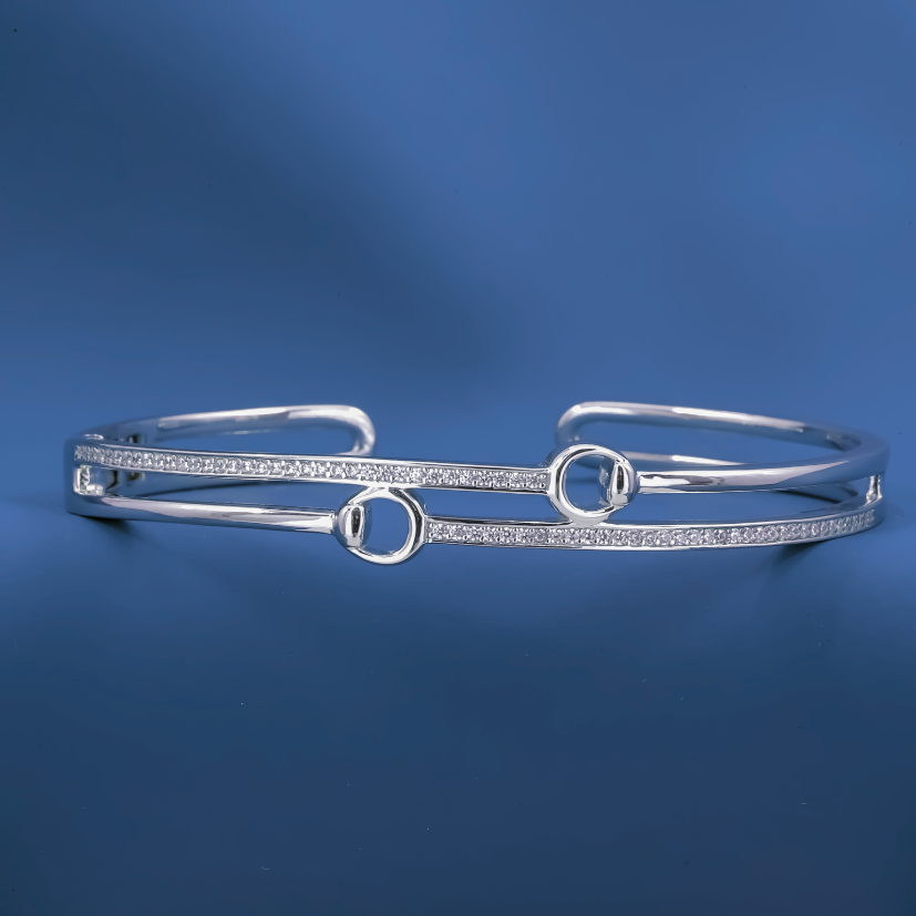 Twin Orbit Bangle – Sterling Silver Cuff Bracelet with Dual Halo Links