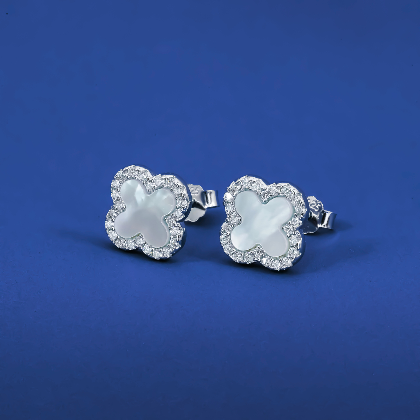 Elegant Mother of Pearl Clover Stud Earrings – Sterling Silver Zircon Halo
