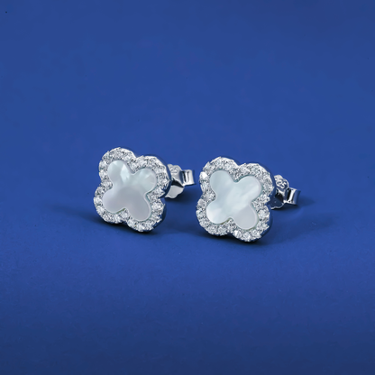 Elegant Mother of Pearl Clover Stud Earrings – Sterling Silver Zircon Halo