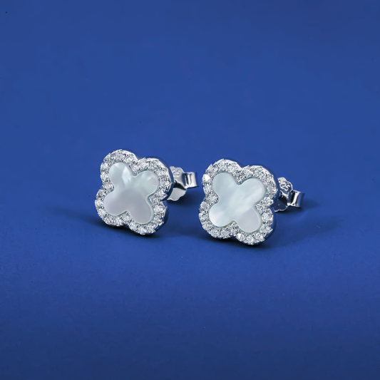 Elegant Mother of Pearl Clover Stud Earrings – Sterling Silver Zircon Halo