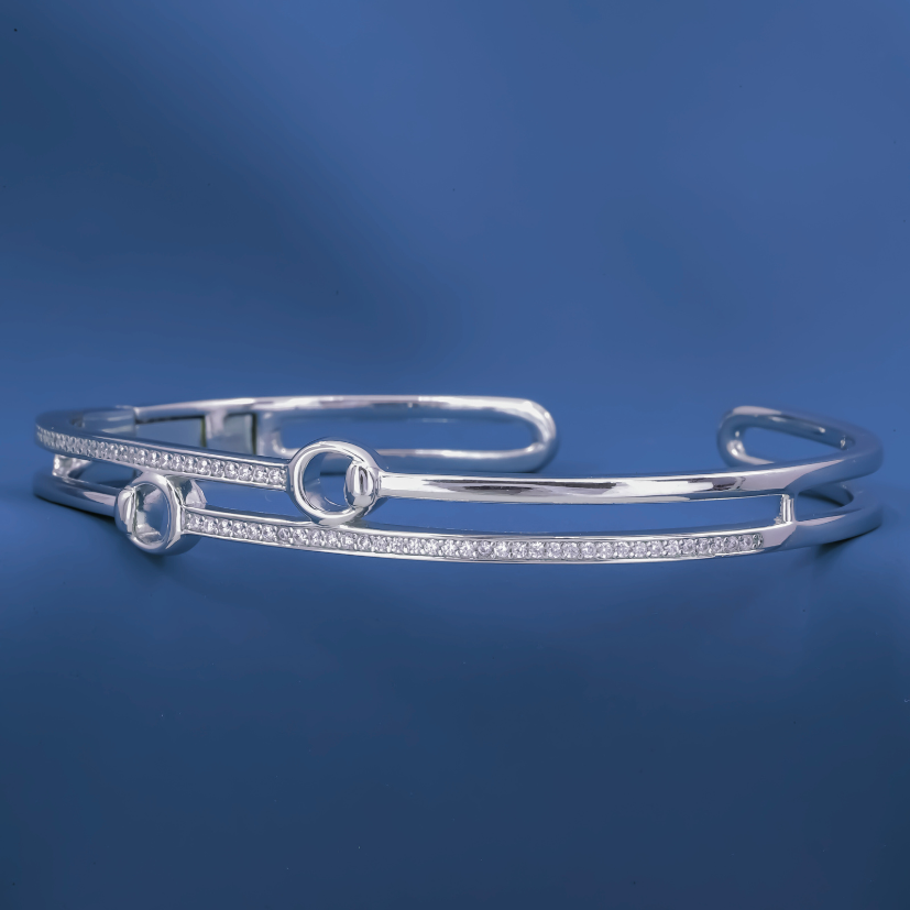 Twin Orbit Bangle – Sterling Silver Cuff Bracelet with Dual Halo Links