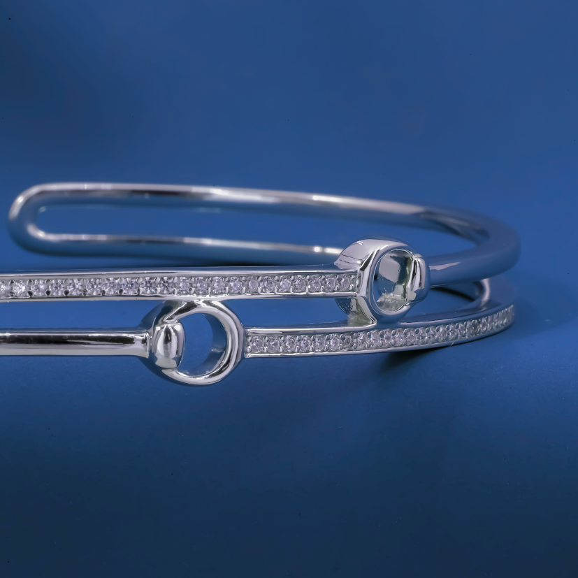Twin Orbit Bangle – Sterling Silver Cuff Bracelet with Dual Halo Links