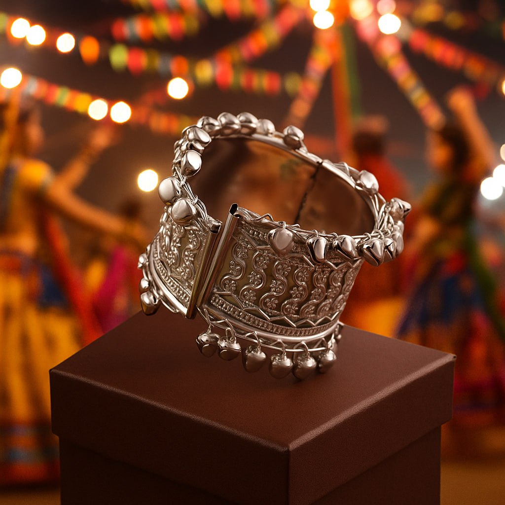 Traditional Navratri & Ethnic Jewelry - Oxidized Silver Statement Bracelet with Ghungroo Bells