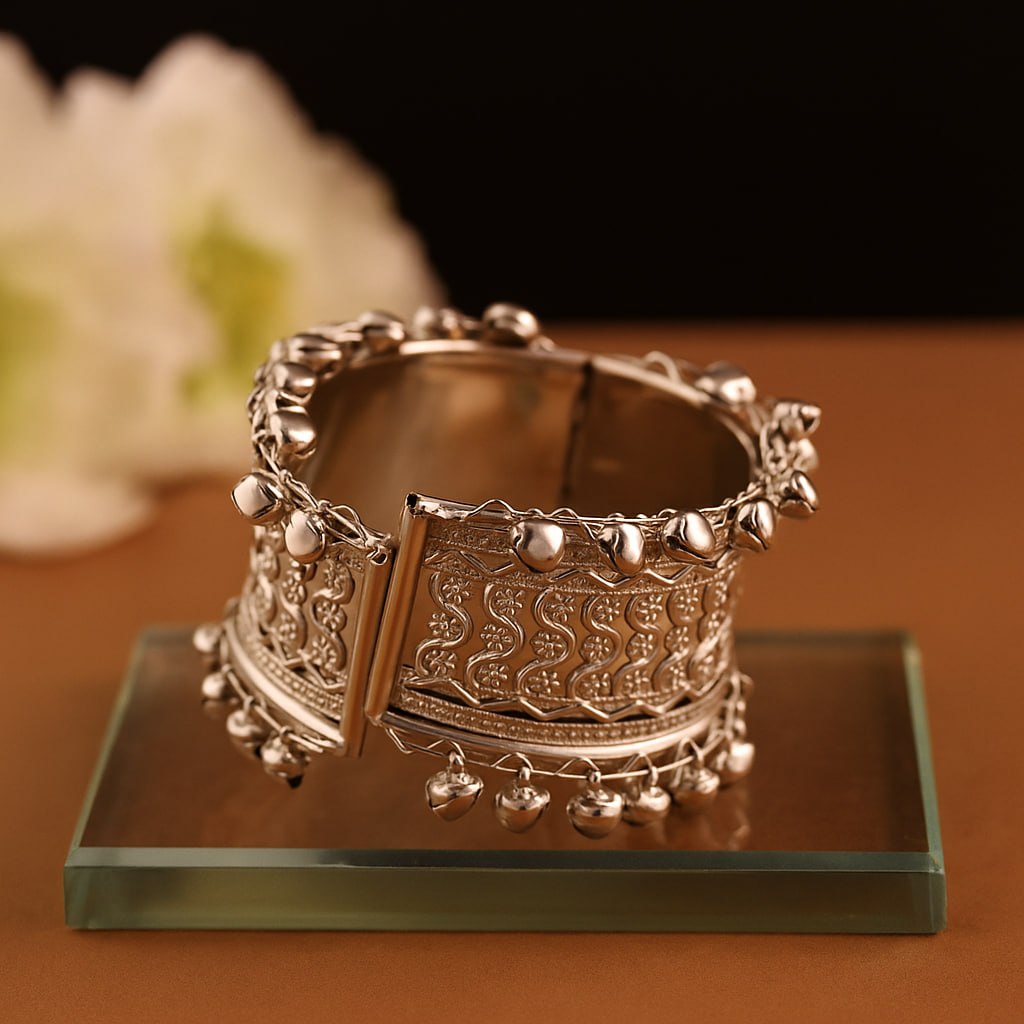 Traditional Navratri & Ethnic Jewelry - Oxidized Silver Statement Bracelet with Ghungroo Bells